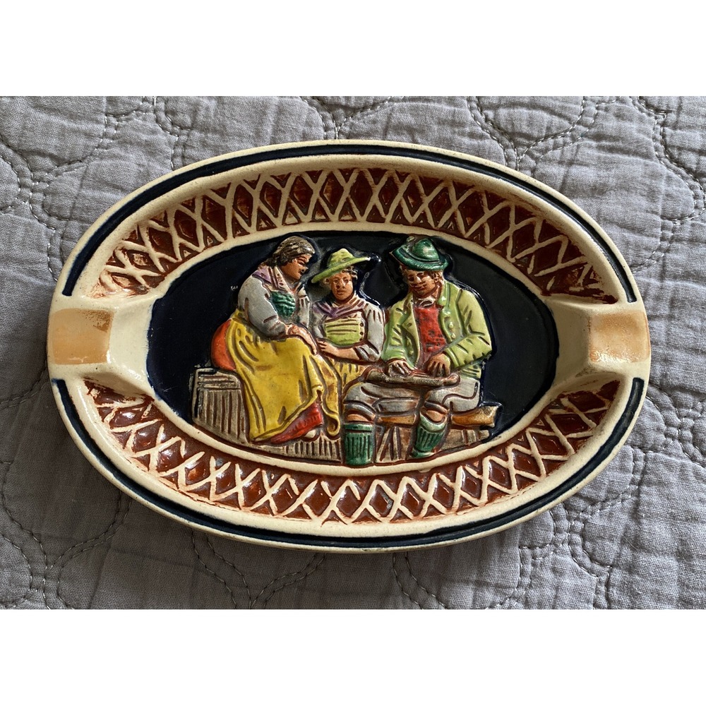 Vintage German Ashtray-#2632 Good For 2 Cigarettes 2Females Watching Farmer Roll